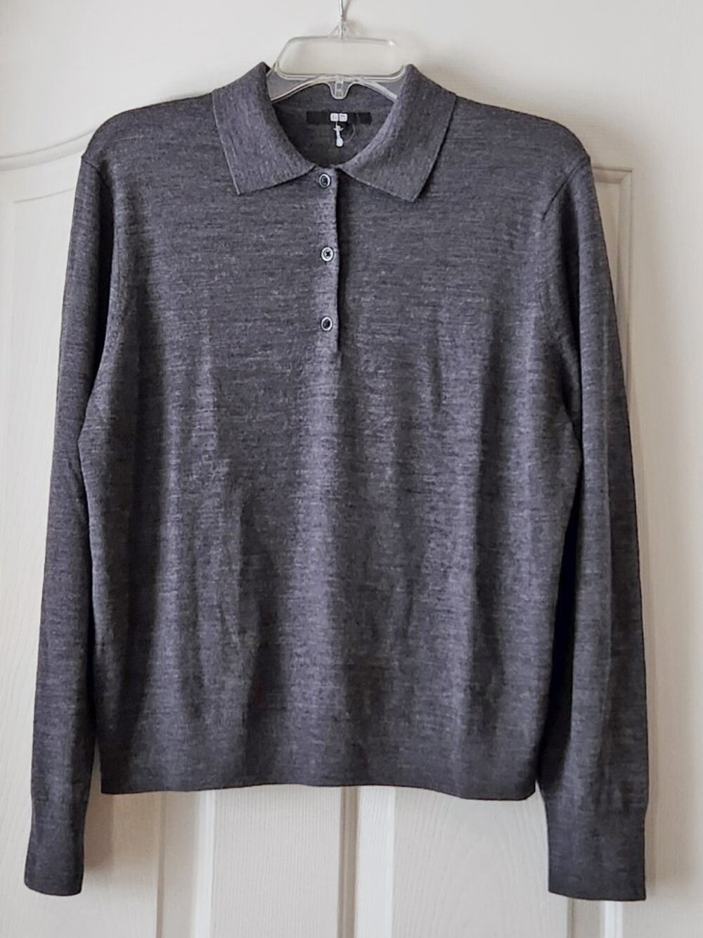 Uniqlo Women's 100% Wool Long Sleeve Polo Sweater Charcoal Grey Size XL